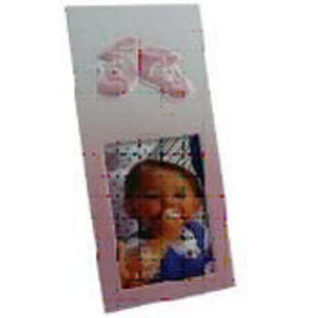 Aluminium baby photo frame in pink booties design, ideal for displaying 2x3" photos of your precious moments.