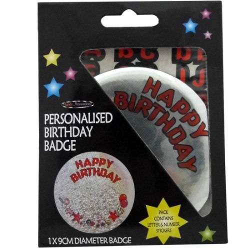 90mm shiny foil birthday badge with customizable stickers for names and ages, perfect for memorable celebrations.