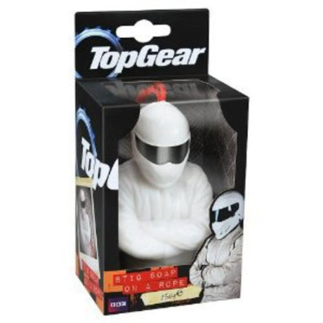 Top Gear Soap On Rope featuring a 3D design of The Stig, weighing 150g, perfect for car enthusiasts and unique bathroom decor.