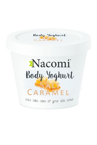 Vegan Salty Caramel Body Yoghurt in 180ml, infused with almond and coconut oils for soft, hydrated skin and a peachy scent.