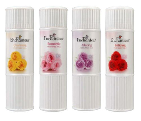 Charming Enchanteur Talcum Powder in 50g, with floral fragrance for soft, fresh, and dry skin all day.