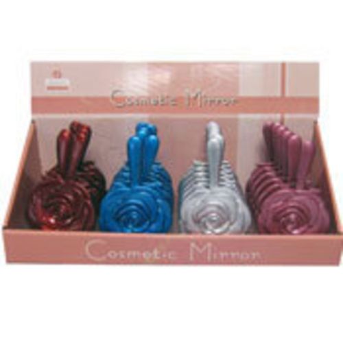 Vibrant 24-piece flower handle mirror set in Pink, Blue, Red, and Silver, perfect for beauty routines and decor.