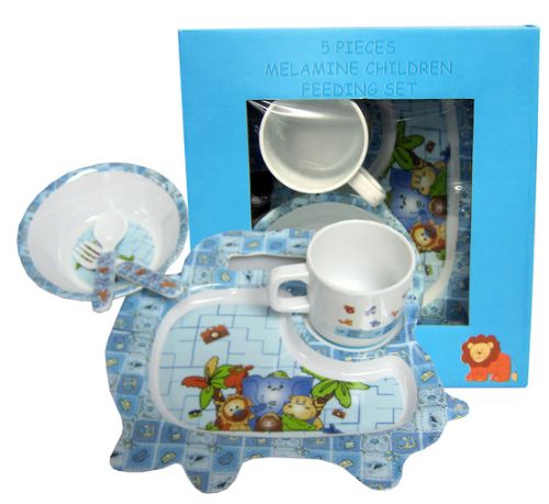 Children's 5pc blue melamine dinner set featuring jungle friends, perfect for toddlers, lightweight and dishwasher safe.