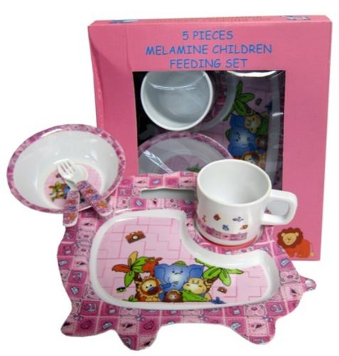 Children's Pink Melamine 5pc Dinner Set featuring fun jungle animals; durable, lightweight, and dishwasher safe.