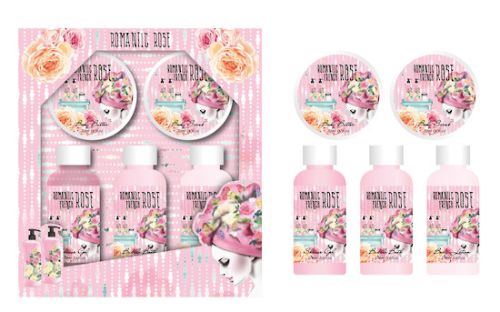 Melric Romantic Rose Spa Gift Set featuring shower gel, body lotion, bubble bath, body scrub, and body butter for a luxurious self-care experience.