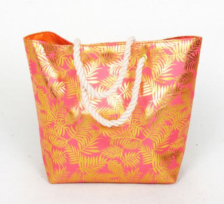 Stylish coral beach bag, water-resistant, spacious with pockets, perfect for beach outings and summer adventures.