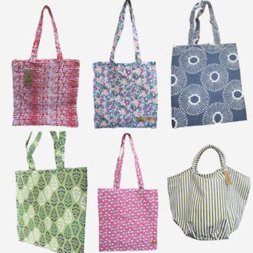 Eco-friendly Cotton Shopping Bag Pack of 12, featuring 6 designs, durable, lightweight, and reusable for various activities.