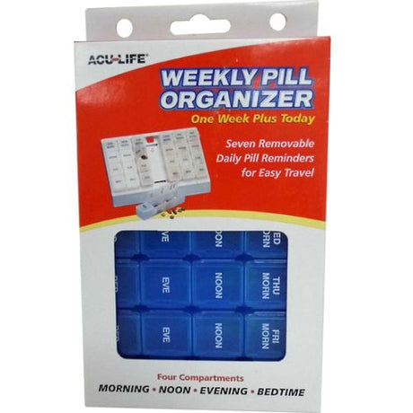 Vibrant blue weekly pill organizer with seven compartments for easy medication management at home or on the go.