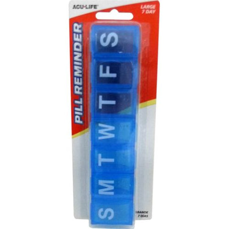 Acu-Life Large 7 Day Pill Box with spacious compartments, labeled by day, in assorted colors for easy medication management.