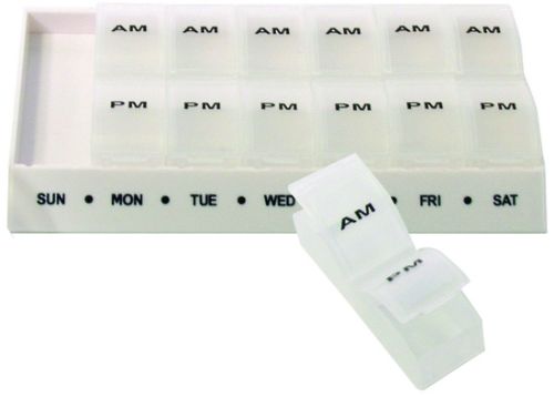 Medi Manager Pill Box AM/PM Weekly with removable compartments for organized medication management at home and on the go.