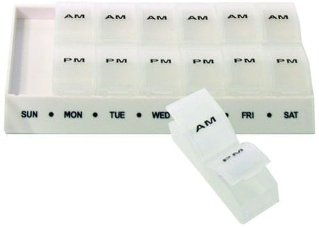 Medi Manager Pill Box AM/PM Weekly with removable compartments for organized medication management at home and on the go.