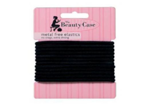 Metal-free thin brown hair elastics on a card of 24, ideal for gentle, damage-free styling for all hair types.