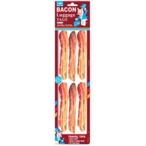 Bacon-themed luggage stickers set with 6 vibrant, weather-resistant designs for fun and unique bag identification.