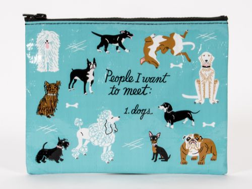 Zipper pouch featuring vibrant dog illustrations by Michael Mabry, made from recycled materials, ideal for dog lovers.