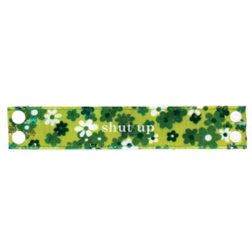 Woven polypropylene cuff with vibrant green flowers and humorous “Shut Up” message, 1.5 x 8.75 inches, perfect for fun styling.