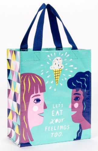 Stylish eco-friendly tote with playful 'Eat Your Feelings' design, made from 95% recycled materials, perfect for daily use.