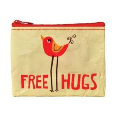 Eco-friendly coin purse with 'Free Hugs' message, made from 95% recycled materials, compact and stylish for everyday use.