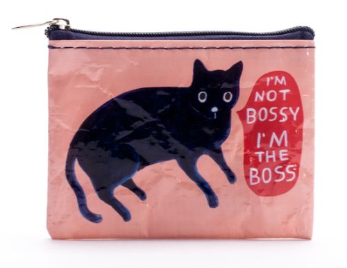 Coin purse featuring bold "I'm Not Bossy" text, eco-friendly design by Martha Rich, measuring 3x4 inches.