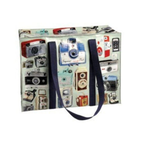 Eco-friendly shoulder tote bag for camera enthusiasts, spacious with exterior pocket and durable straps, 15"w x 11"h x 6.25"d.