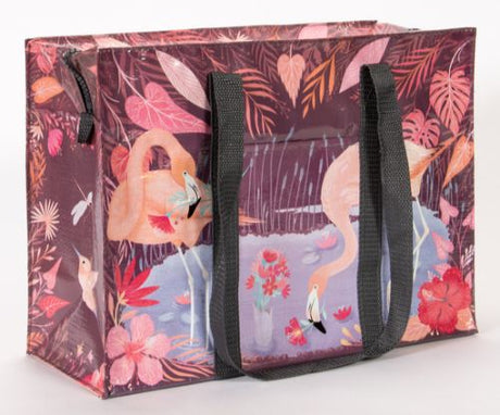 Stylish flamingo-print shoulder tote bag made from 95% recycled materials, perfect for eco-conscious fashion lovers.