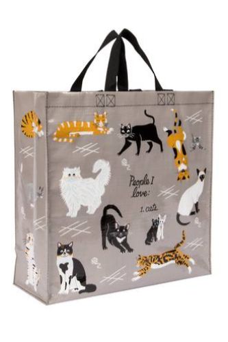 Eco-friendly tote bag featuring whimsical cat designs, perfect for cat lovers and daily use. Measures 15"x16"x6".