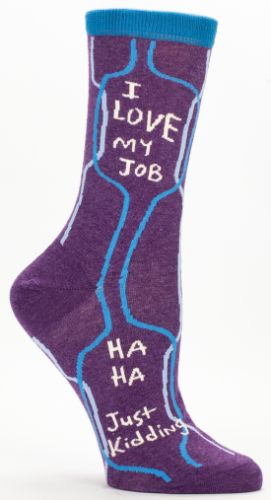 Vibrant "I Love My Job" socks in blue and purple, perfect blend of comfort and style for dedicated professionals.