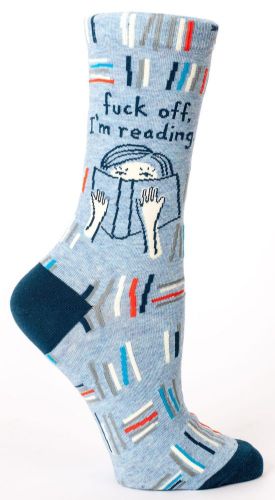 Vibrant socks with “Fuck Off, I’m Reading” print, designed for comfy reading sessions, perfect for book lovers.