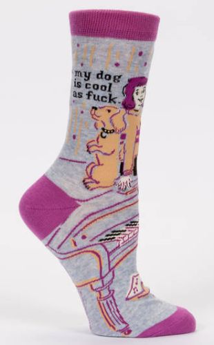 Quirky blue socks saying "My Dog Is Cool As Fuck," made for comfort, perfect for women’s shoe sizes 5-10.