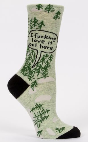 Vibrant women's socks with "Fucking Love It Out Here" slogan, perfect for outdoor adventures and expressing personality.