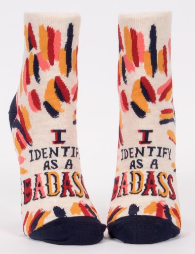 Ankle socks with "I Identify As A Badass" print, perfect blend of comfort and style for women's shoe sizes 5-10.