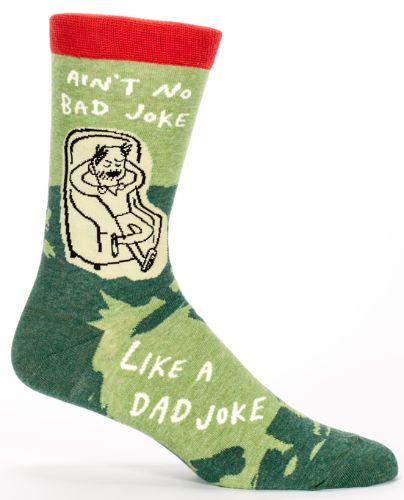 Men's socks with playful Dad Joke design, offering comfort in a blend of cotton, nylon, and spandex for sizes 7-12.