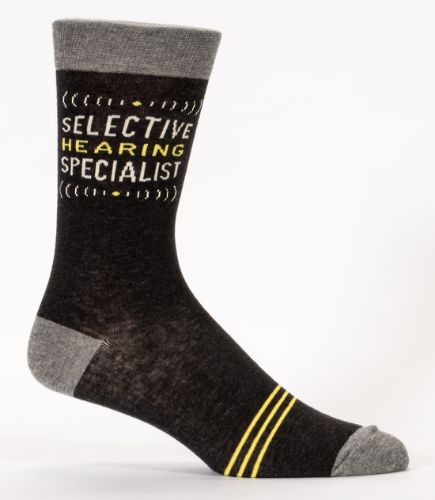 Quirky men's socks featuring a "Selective Hearing Specialist" design, crafted for comfort in sizes 7-12.