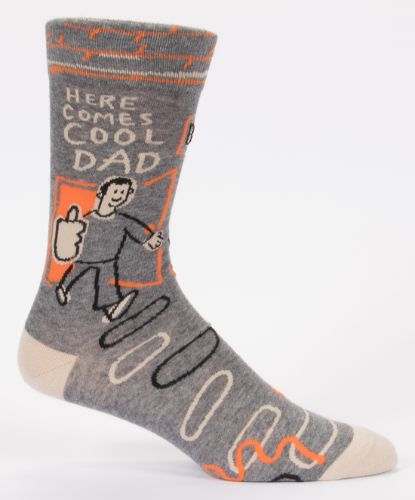 Men's socks featuring "Here Comes Cool Dad" design, made of cotton blend for comfort; perfect gift for fathers.