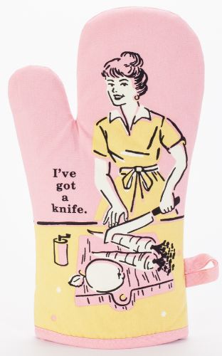 Pink oven mitt with "I've Got A Knife" print, made of 100% cotton for heat protection and stylish kitchen safety.