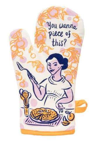 Oven mitt with quirky "You Wanna Piece" design, made from durable 100% cotton for heat protection and style in the kitchen.