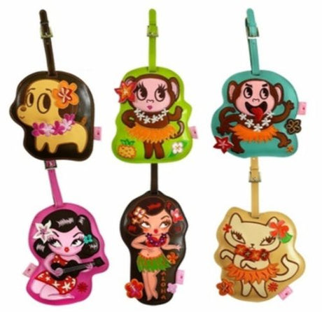 Vibrant faux leather luggage tags with Hula-themed designs, perfect for easy luggage identification and stylish travel.