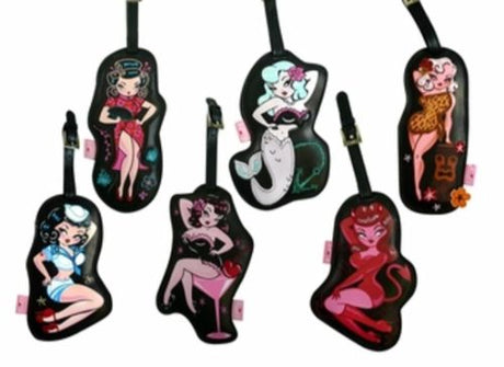 Charming faux leather luggage tags with vintage pin-up designs, pack of 6 for unique travel style and easy identification.