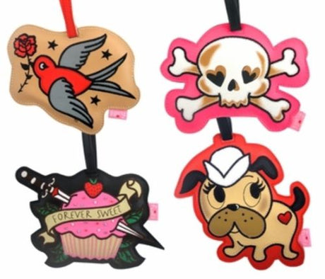 Fluff luggage tags in tattoo designs, pack of 4; colorful faux leather tags with unique embroidery for stylish travel.