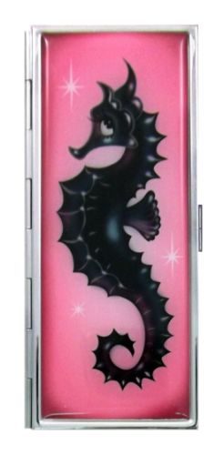 Metal vanity case featuring a whimsical seahorse design, perfect for organizing makeup essentials on the go.