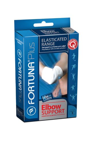 Fortuna Elbow Support - Small, elasticated brace for joint stabilization and muscle recovery, fits elbow circumferences 15-20cm.