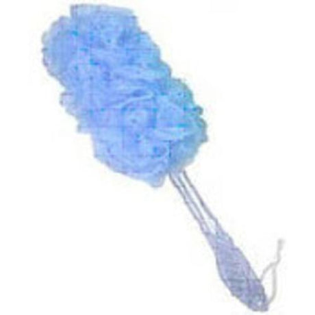 Acrylic long handle bath mesh sponge in blue, designed for easy reach and effective cleansing with a luxurious lather.