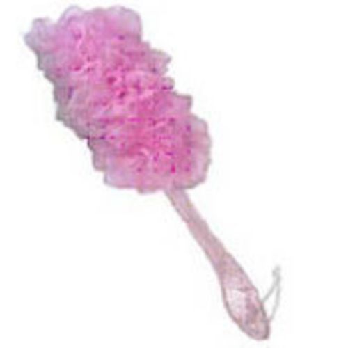 Acrylic pink bath sponge with long handle for easy exfoliation and cleansing, ideal for hard-to-reach areas.