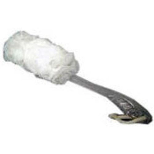 A white acrylic long handle bath mesh sponge for easy cleansing and exfoliation, perfect for comfort and mobility.