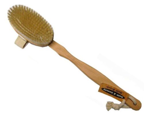 Eco-friendly Wooden Body Brush with detachable long handle, ideal for exfoliating and sensitive skin care. Perfect for wet/dry use.