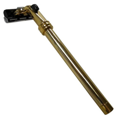 Luxurious gold shaving razor with a sleek design, offering precision, comfort, and a close shave for all skin types.