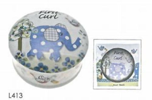 Blue Elephant First Curl Box for preserving baby's first curls and teeth, featuring an adorable blue elephant design.