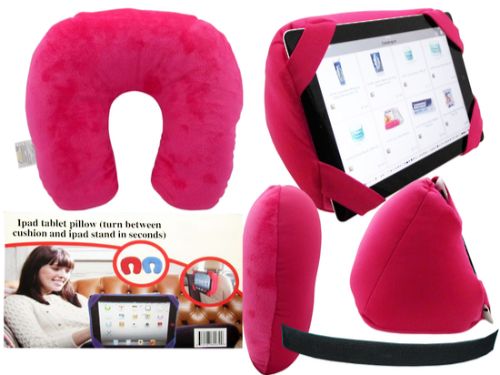 Pink 2 in 1 travel pillow that converts to a neck pillow and securely holds an iPad for hands-free entertainment.