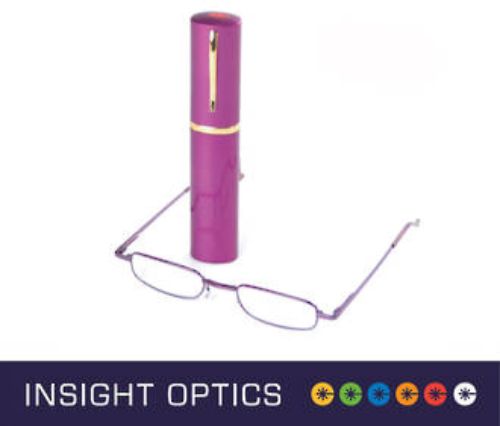 Slim unisex reading glasses in various colors and strengths, compactly stored in a durable metal case for on-the-go convenience.