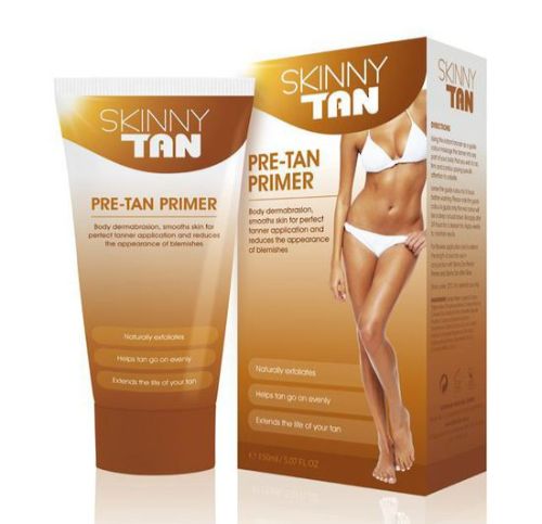 Skinny Tan Pre-Tan Primer: a 150ml exfoliating primer with crushed walnut shell for a smooth, radiant sunless tan.