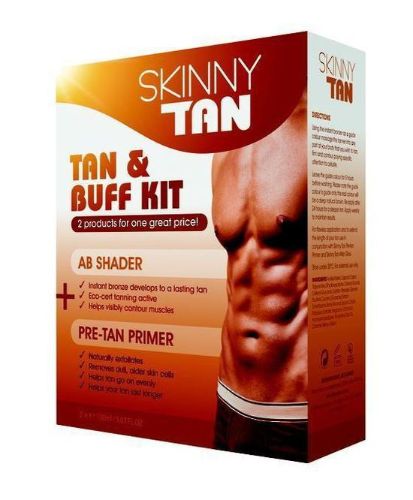 "Skinny Tan - Tan & Buff Kit, featuring natural tanning and exfoliation for a flawless, sun-kissed glow at home."